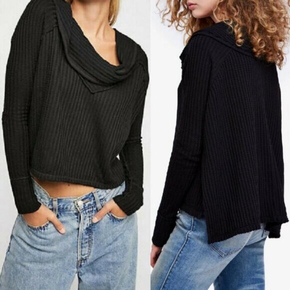 Free People Sweaters - Free People Wildcat Cowl Neck Thermal Waffle Knit Sweater Black Size Medium Boho